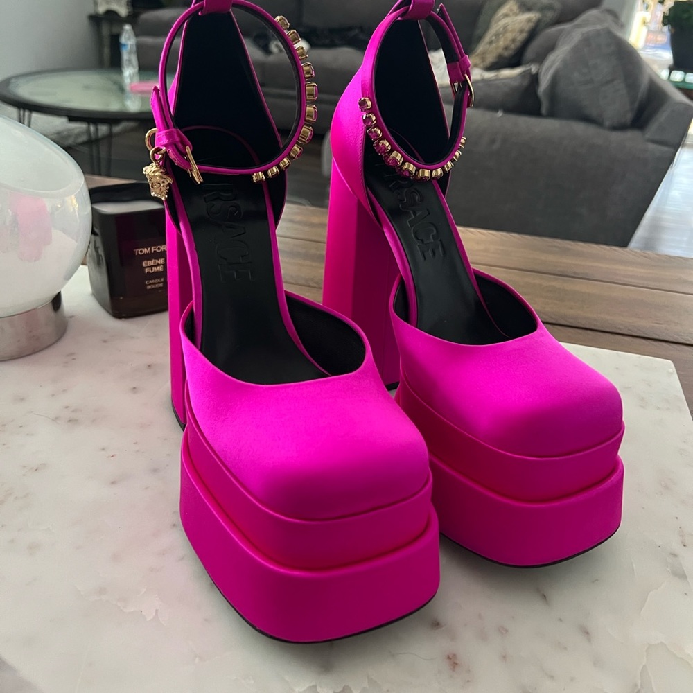 Pink Versace silk platforms